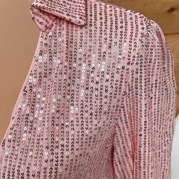 DOUBLE CRAZY Pink Sequin Long Sleeve V Neck Tie Waist Collared Wrap‎ Dress Sz S - Picture 12 of 16